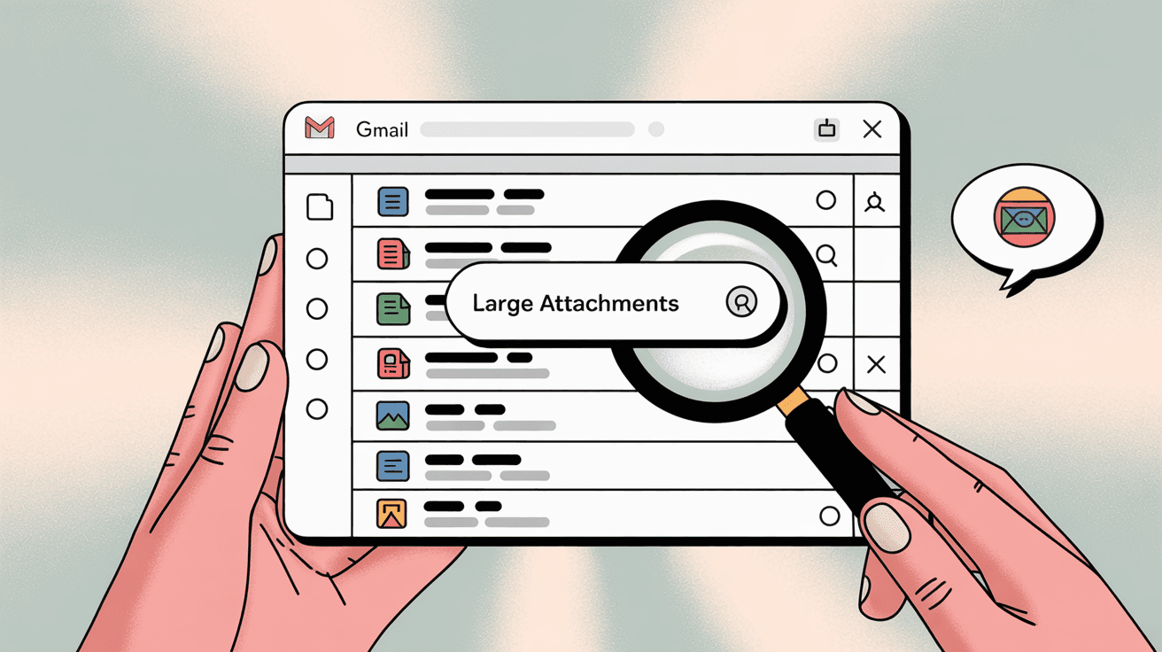 Gmail search interface showing how to find and identify large email attachments that slow down performance